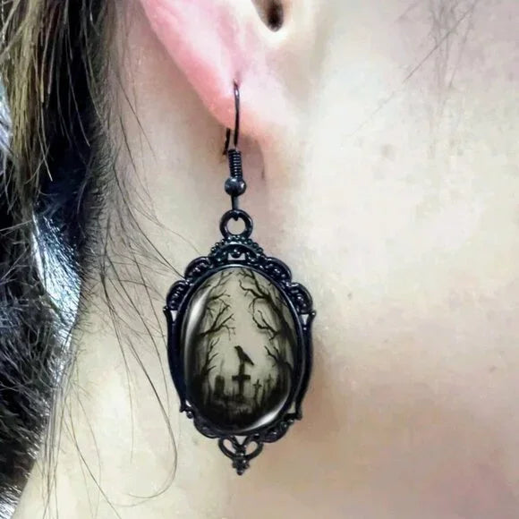 Crow and Gravestone Black Lace Earrings