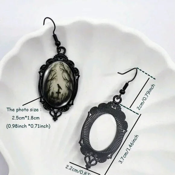 Crow and Gravestone Black Lace Earrings