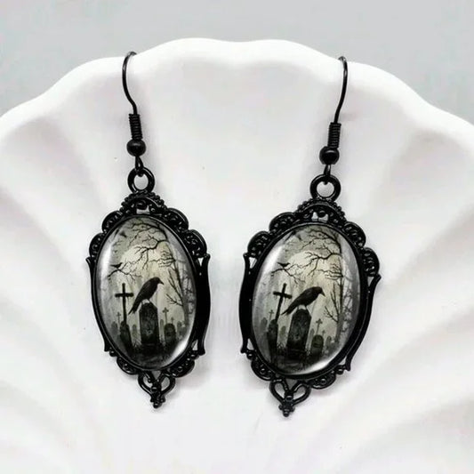 Crow and Gravestone Black Lace Earrings