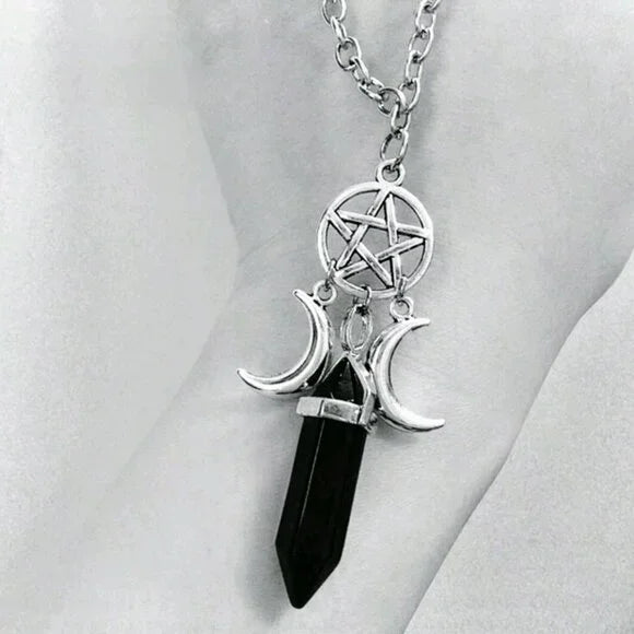 Pentagram Half Moon Obsidian Necklace